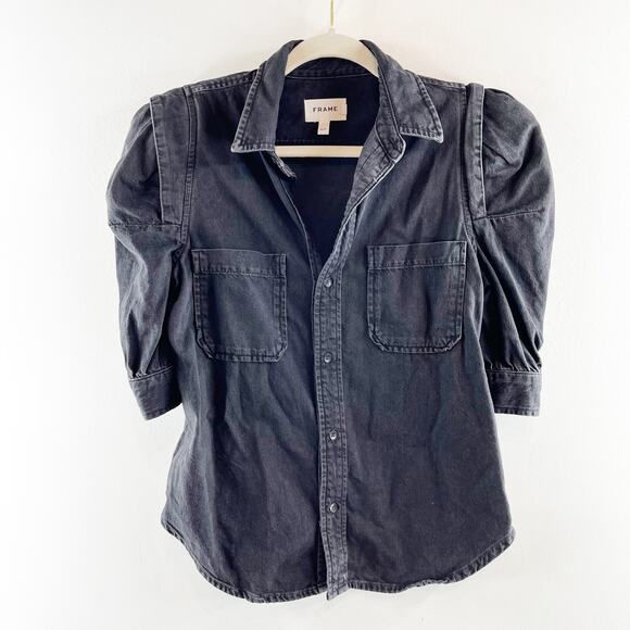Frame Rosette Puff Elbow Sleeve Collared Denim Button Down Shirt Black Small - Picture 3 of 5
